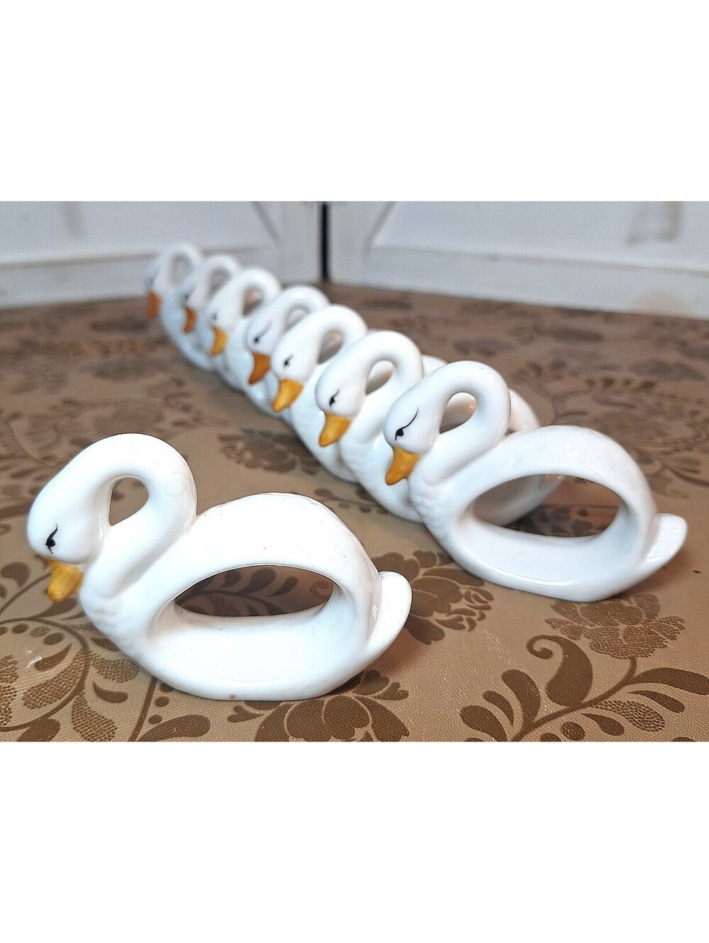 Set of 8 Porcelain Swan Napkin Rings 3"L X 2.5"H